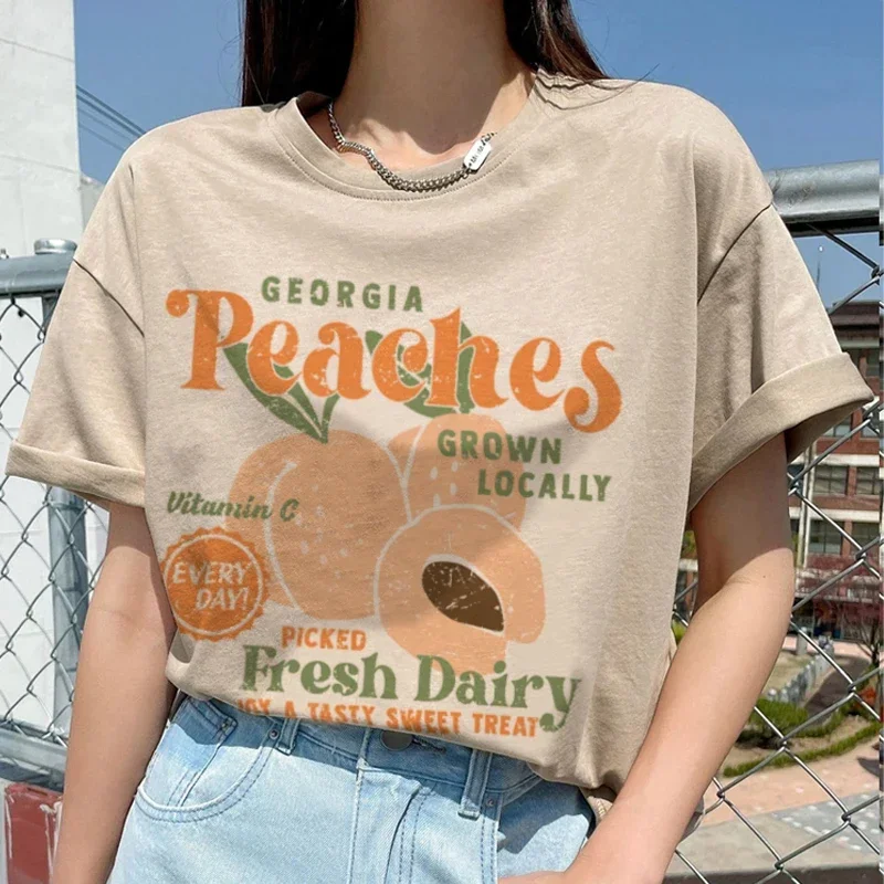 Weibliche 90er Jahre Retro Pfirsich T-Shirts Vintage ästhetische Frucht T-Shirt Sommer lose Baumwolle Grafik T-Shirts Frauen niedlichen Baumwolle Kleidung
