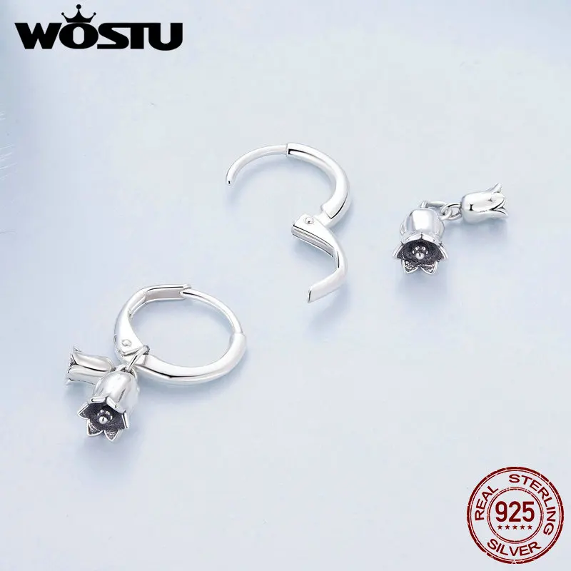 WOSTU 100% 925 Sterling Silver Lily of the Valley Earrings Oxidized silver Flower Ear Hoop for Women Fine Jewelry Daily Gift