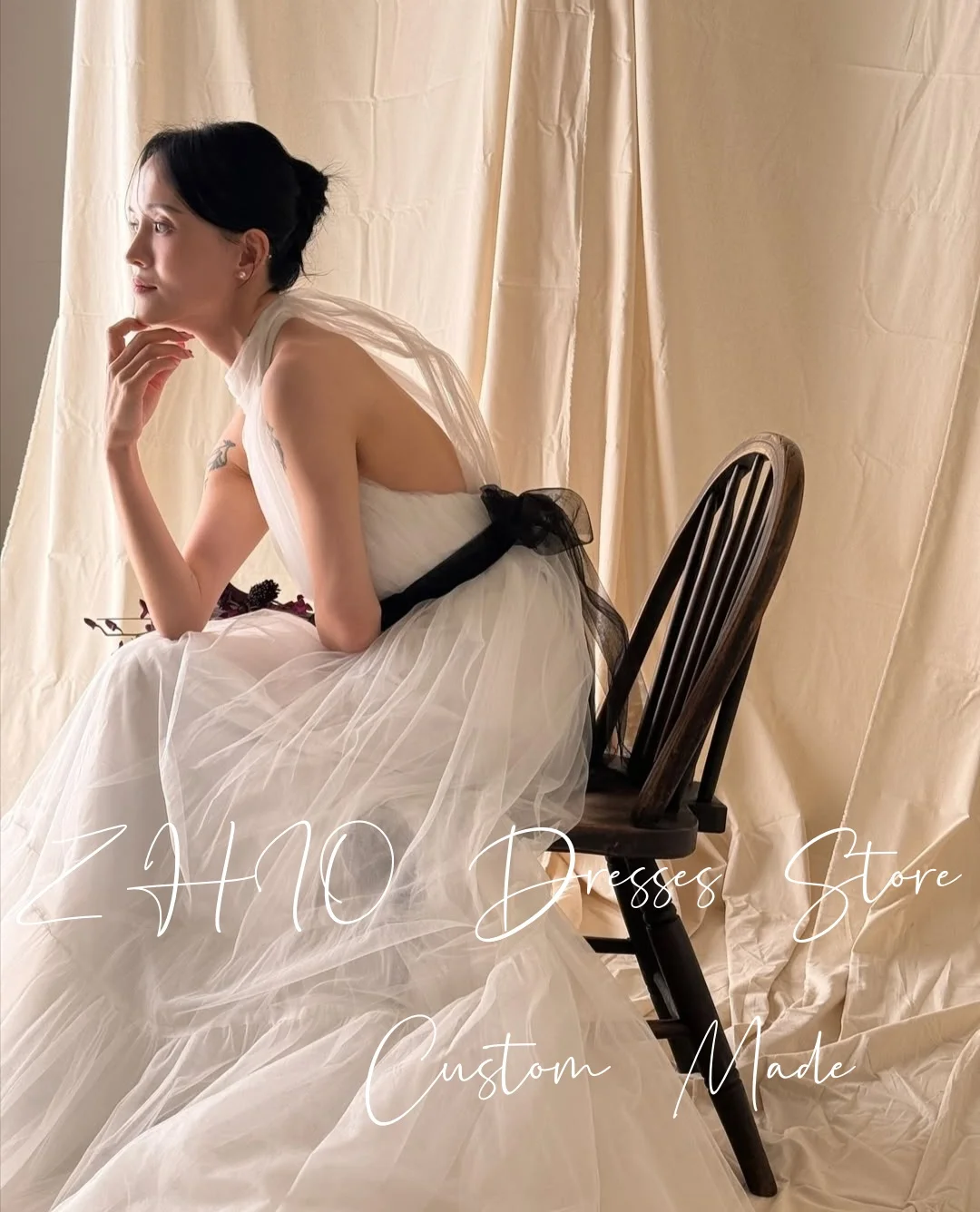 ZHIO Classic Illusion Wedding Dress Halter Sleeveless A-Lin Ribbons White Tulle Korea Photo Shoot Bridal Gown Customized