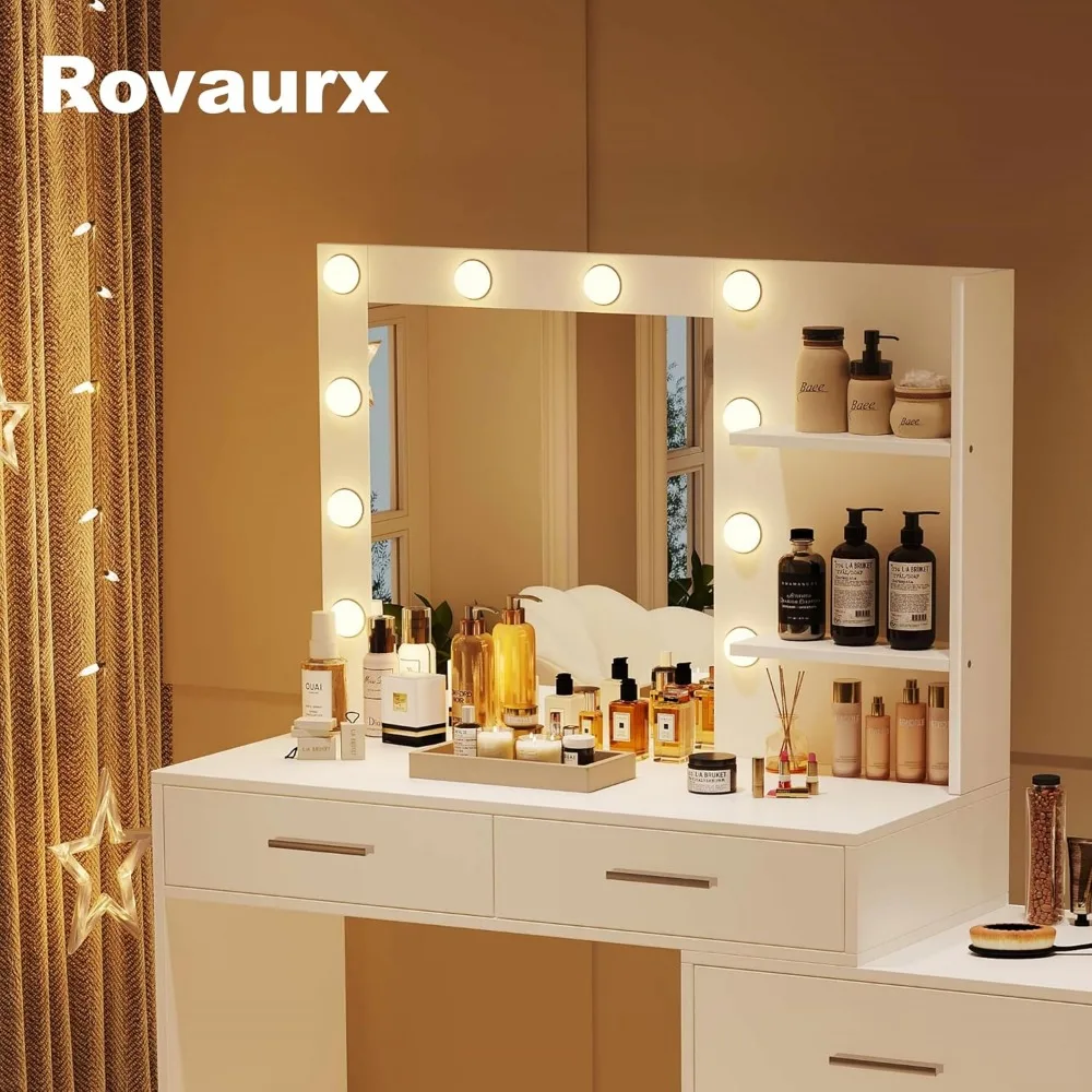 مجموعة مكياج كبيرة الحجم مع مرآة مضاءة بثلاثة ألوان، وطاولة ذات 8 أدراج ورف تخزين جانبي، وطاولة زينة كبيرة قابلة للتعديل #3