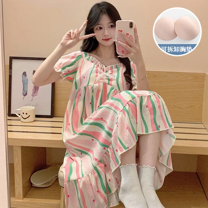 M-2XL Summer Print Sleep Dress Large Size Women's Bra Free Loose Home Clothes Girl Sle Korean Version Square Collar Nightgown