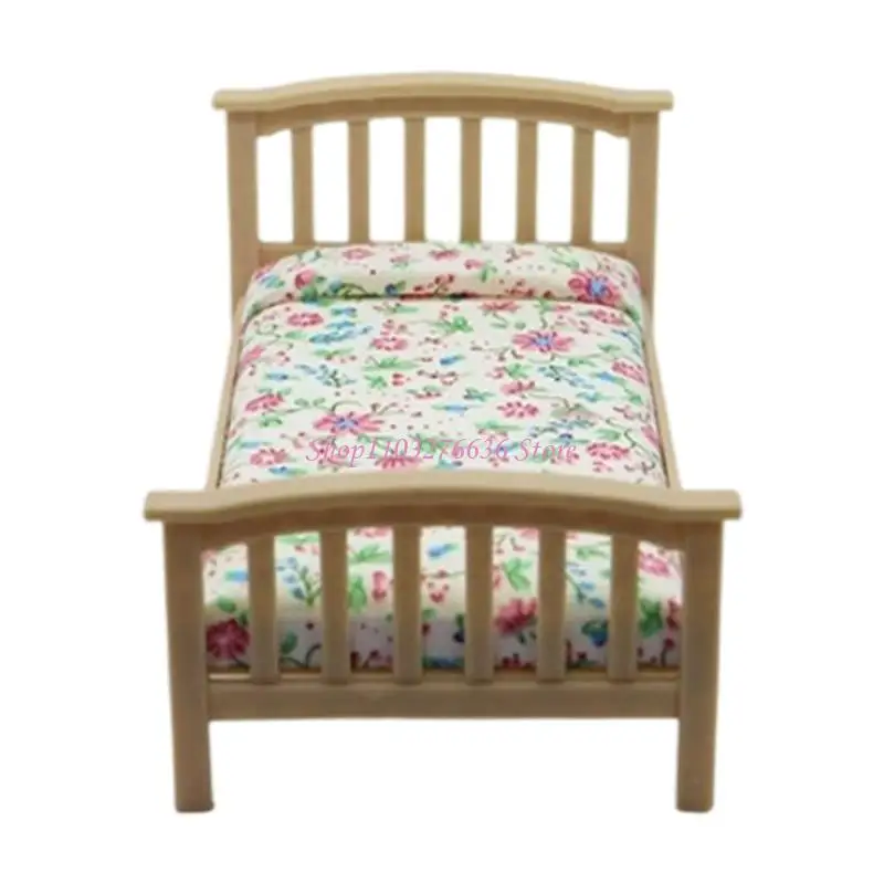 R6FD Cottagecore سرير واحد مع فراش طباعة زهرة ل 1/12 دمية ديكورز مشهد منزل