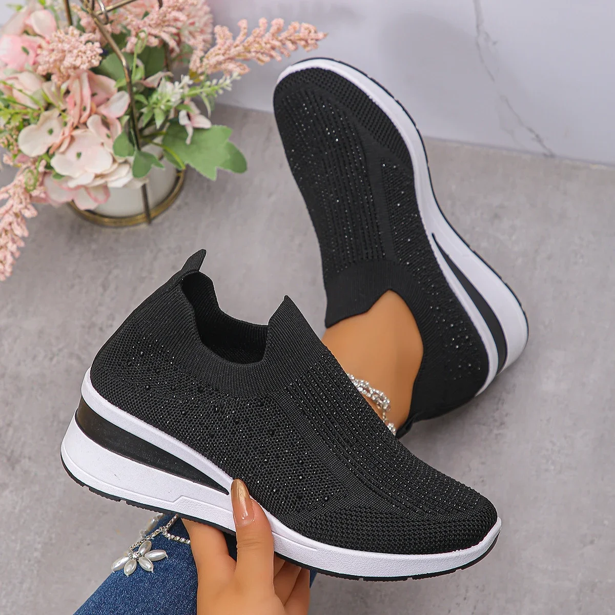 

Autumn Women Fashion Sneakers Rhinestone Breathable Mesh Slip on Flat Sneakers Outdoor Casual Wedges Vulcanize Shoes Women