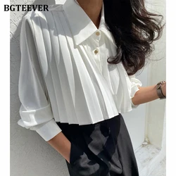 BGTEEVER Elegant Loose Female White Shirts Long Sleeve Lapel Women Pleated Blouses Spring Summer Ladies Tops