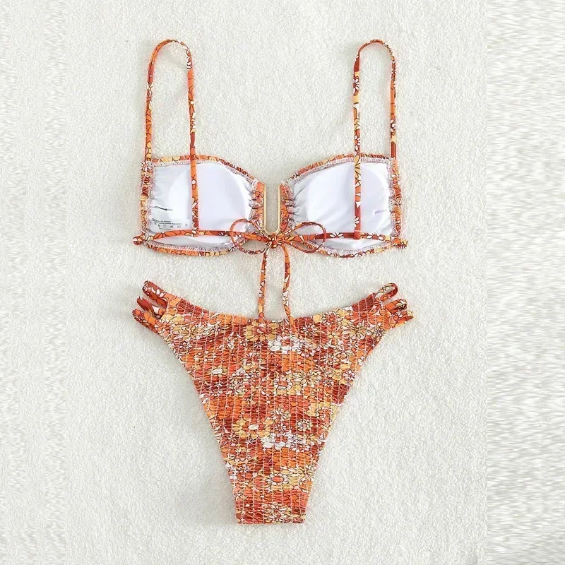 Floral Print Ruched Swimwear Women Ruffles Bandeau Swimsuit Bikinis Sets Mujer Sexy String Bathing Suit Biquinis Beachwear Swim