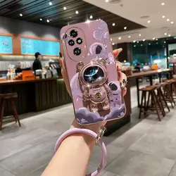 200Pro Space travel Holder Lanyard Plating Phone Case For Honor 200 200Pro 200Lite 100Pro 100 90 90Pro 90GT Soft Back Cover