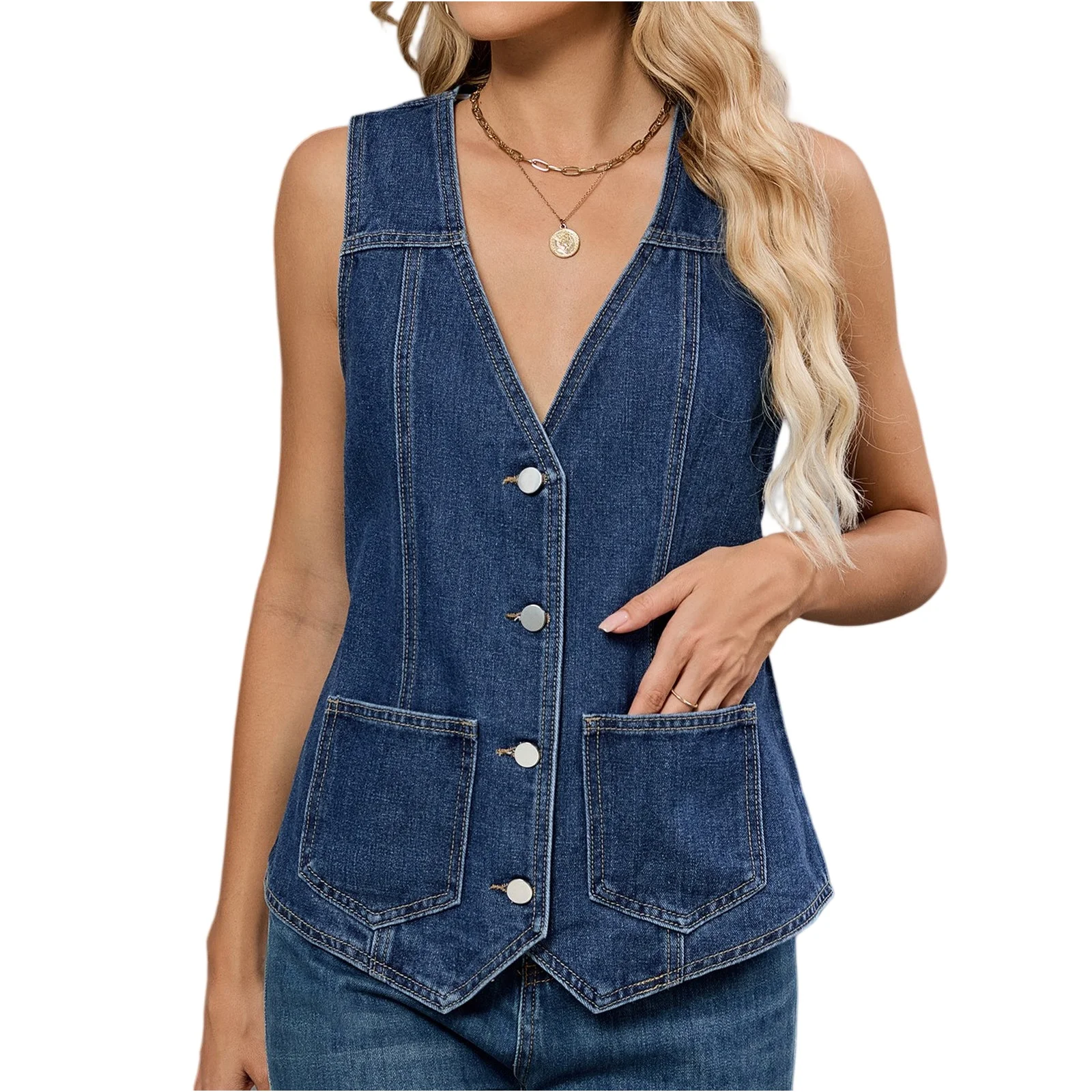 New Lady Retro Denim Vest Jacket Spring Autumn Teens Girl Fashion V-Neck Sleeveless Jean Coats Outdoor Holiday Casual Jacket