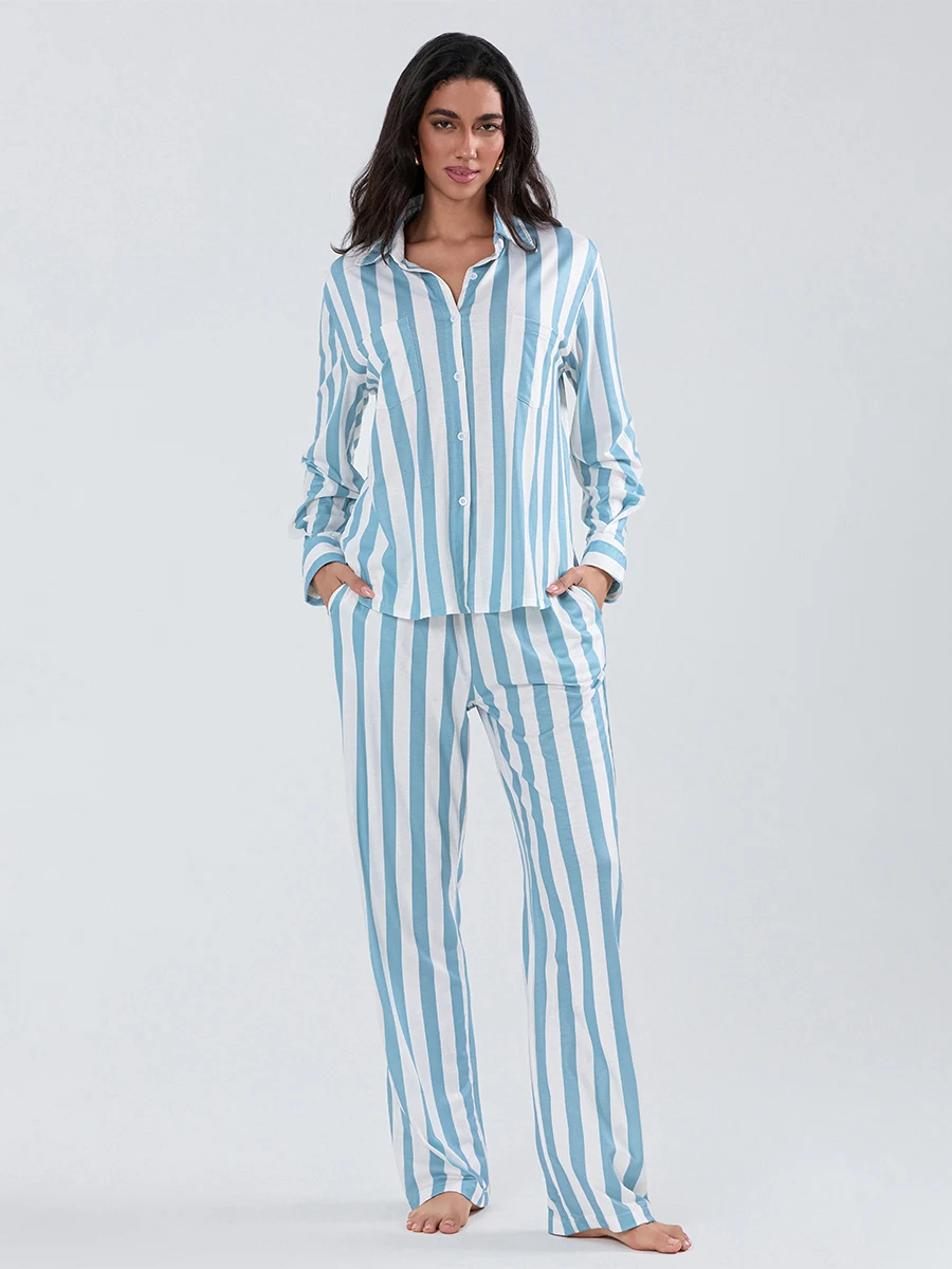 

Женский пижамный комплект из двух предметов, полосатая рубашка на пуговицах с принтом и брюки с эластичной резинкой на талии для домашней одежды, мягкая одежда для сна, повседневная одежда