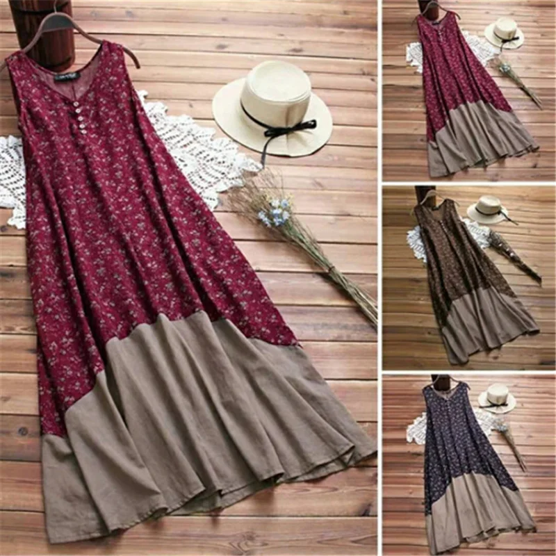 

TOY-Cotton Linen Vest Dress Printed Bohemian Beach Dress Summer Women's Clothing