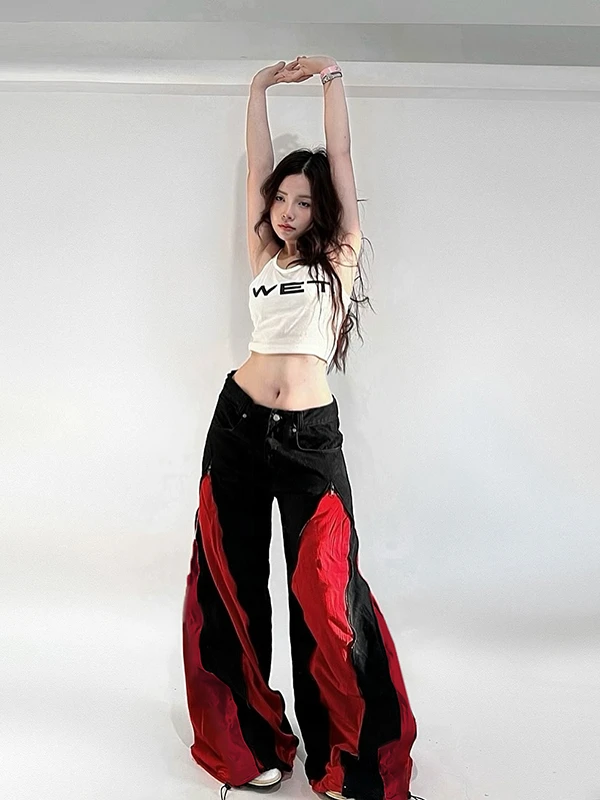 

Широкие джинсы с низкой талией, цветной дизайн, расклешенные брюки, брюки High Street, ретро, черный, красный, контрастный, хип-хоп, Америка...