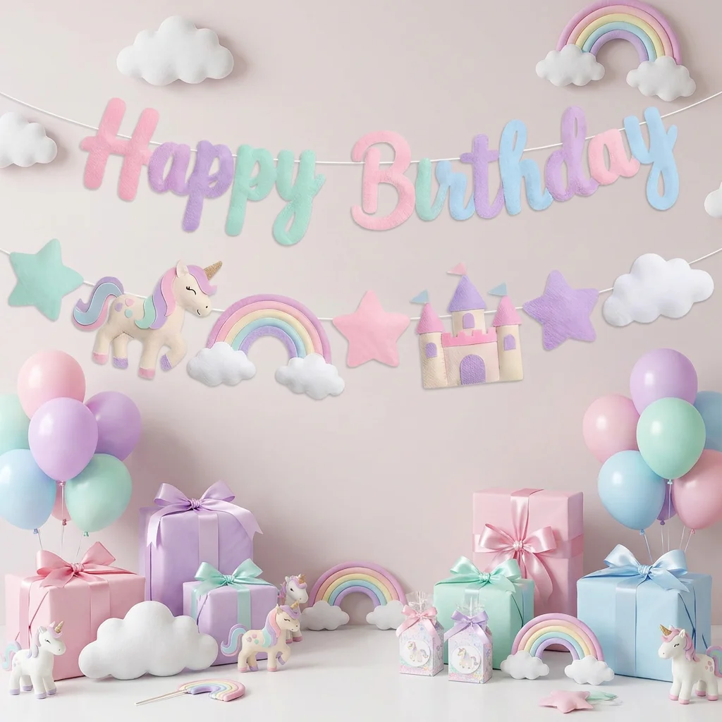 Regenbogen-Einhorn-Party Filzbanner Bunte Stern-Prinzessin-Schloss-Dekorationen Alles Gute zum Geburtstag Magisches Pony Mädchen Babyparty-Deko – Detail 4