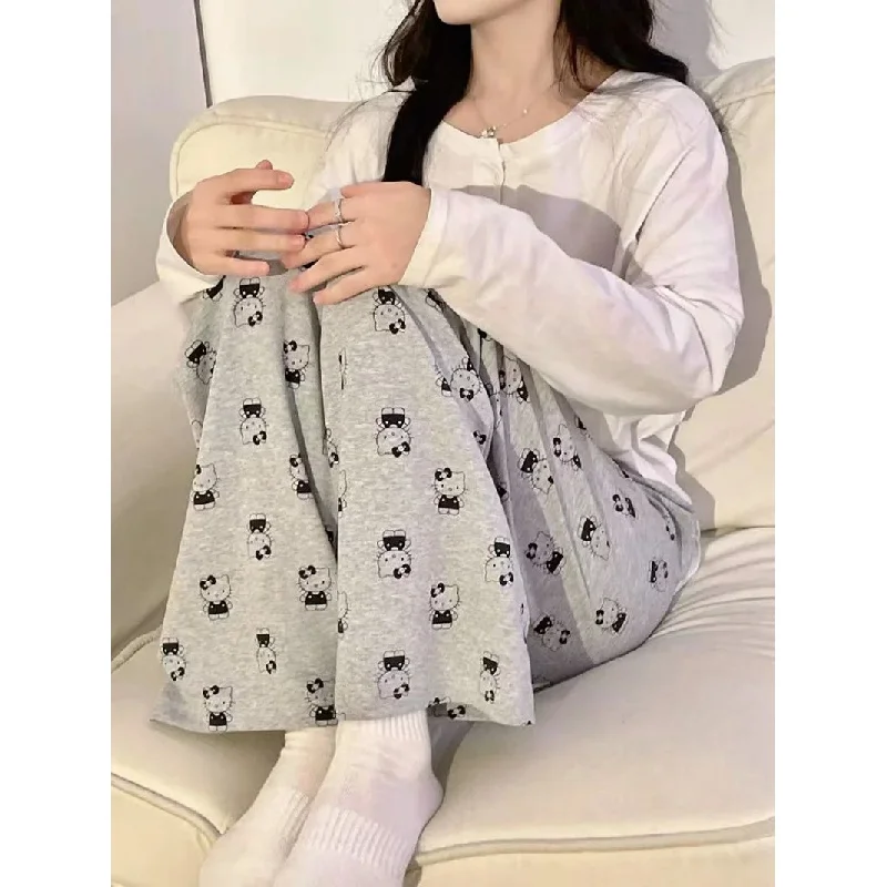 Women's Hello Kitty Pajamas Comfortable and Cute Cartoon Lounge Pants Cotton Loose Y2K Fashion Women's Pants - Image 5