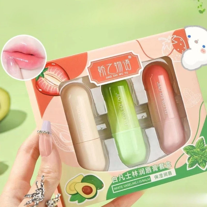 3 ピース/箱フルーツシリーズリップクリームセット保湿さわやか非粘着性ひび割れ防止唇マスクワセリン唇メイクアップギフト新しい