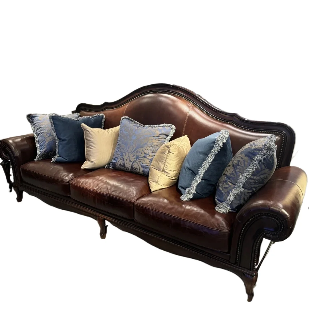 

American light luxury solid wood French retro living room three-person sofa modern soft bag sofa