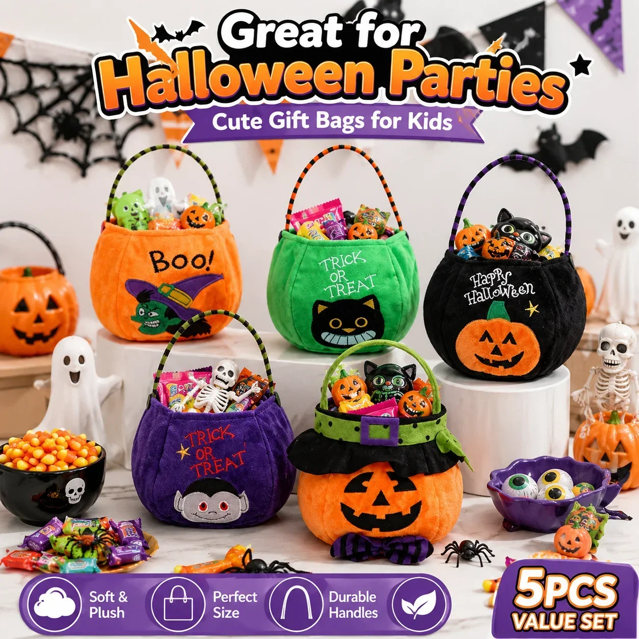 Spooky Holiday Storage Supply 1PC Plush Pumpkin Hand Tote Bag Embroidered Witch Cat Vampire Kids Trick Or Treat Goodie Bucket