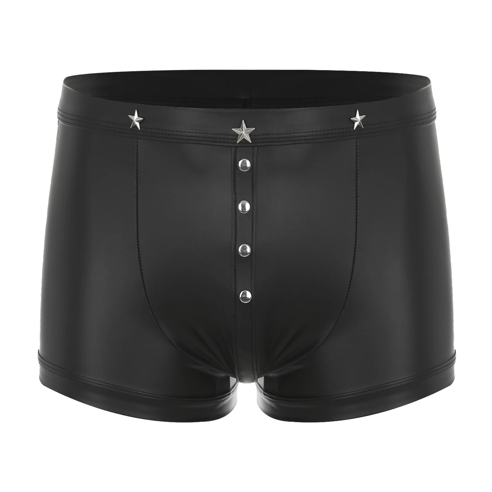 PU Leather Boxer Short Mens Shinny Briefs Low Rise Stars Rivets Pouch Swim Trunks Underwear Tight Fitting Cool Black Underwear