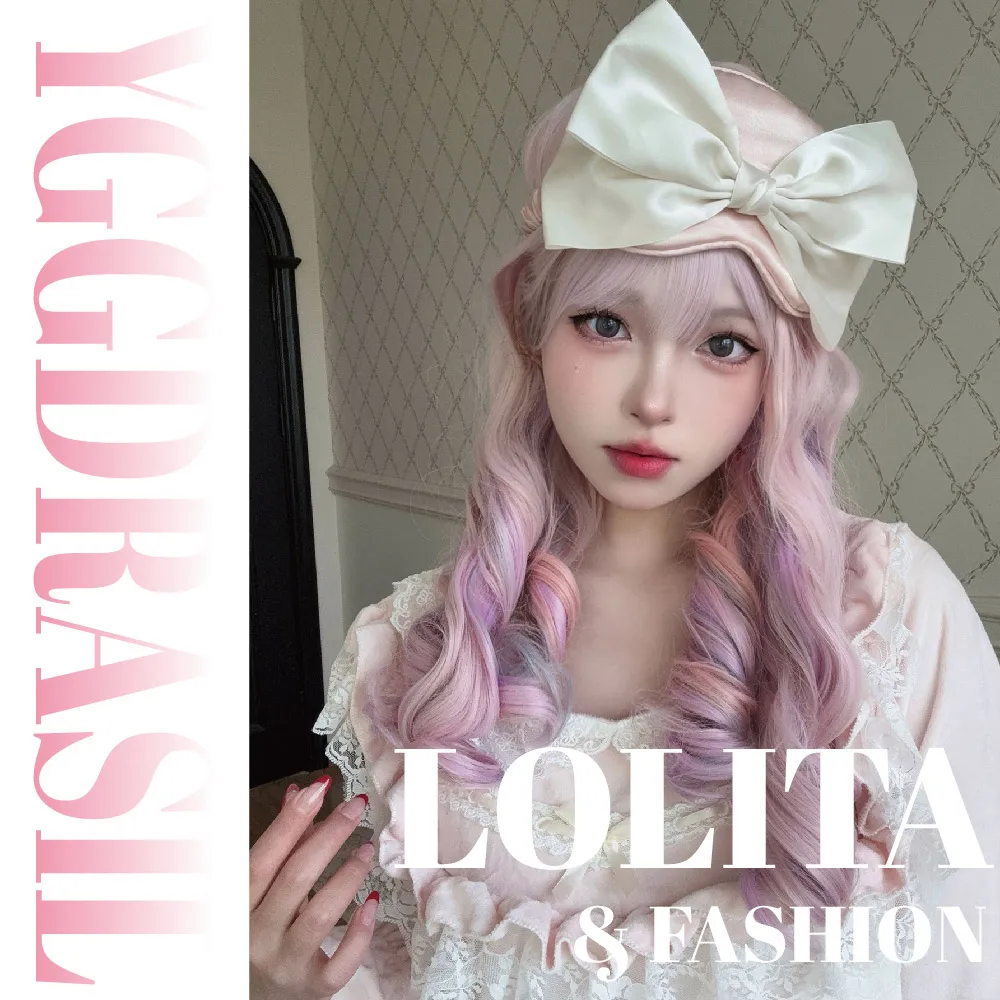 20Inch Lolita Cherry Blossom Pink Synthetic Wigs With Bangs Medium Curly Hair Wig For Women Daily Use Cosplay Heat Resistant