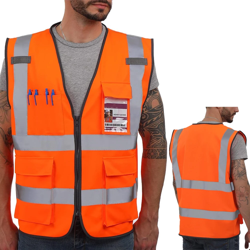 Alta Visibilidade Coletes Refletivos De Segurança Do Trabalho Com Bolsos E Zíper, Homem Roupas De Trabalho, Colete De Segurança Industrial, Oi Vis Orange