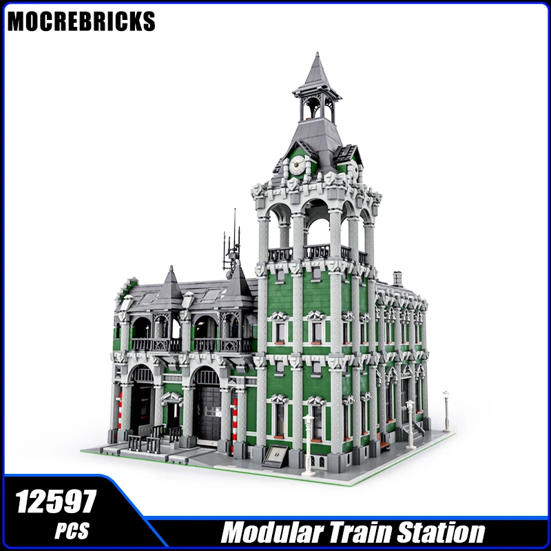 City Street View Architecture Train Station Modular Platform Track Building Block Assembly Model Bricks Toy Children's Gifts Set