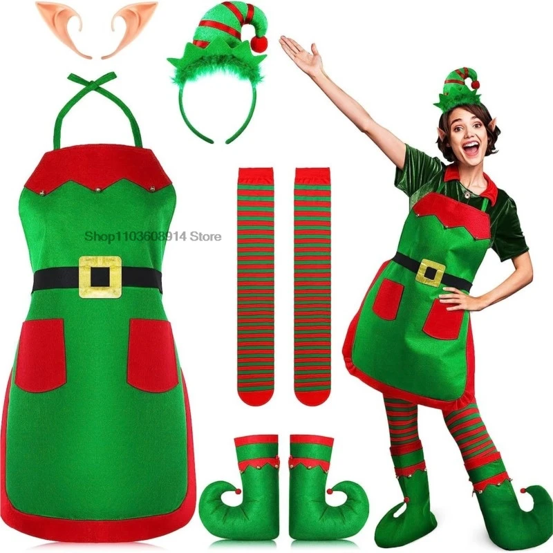 2025 New Christmas Santa Claus Costume Green Elf Cosplay Suit Family Carnival Party New Year Kitchen Apron Hat Socks Clothes Set