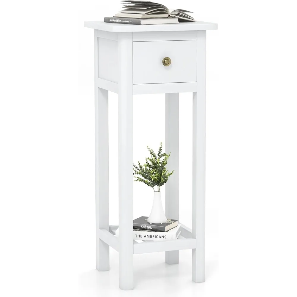 

Двухуровневый узкий приставной столик с ящиком, высокий прикроватный столик из акации для небольших помещений, тонкий прикроватный столик в стиле фермерского дома