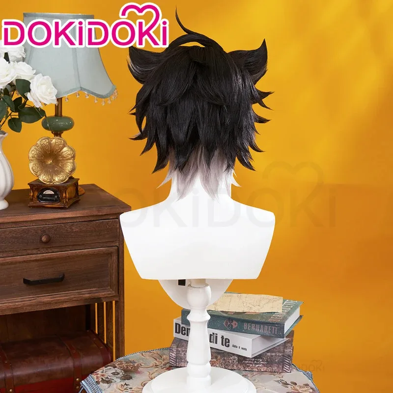 IN MAGAZZINO Wriothesley Parrucca Gioco Genshin Impact DokiDoki Uomini Capelli Corti Neri Grigi Fontaine Wriothesley Cosplay Trame con cappuccio gratuito