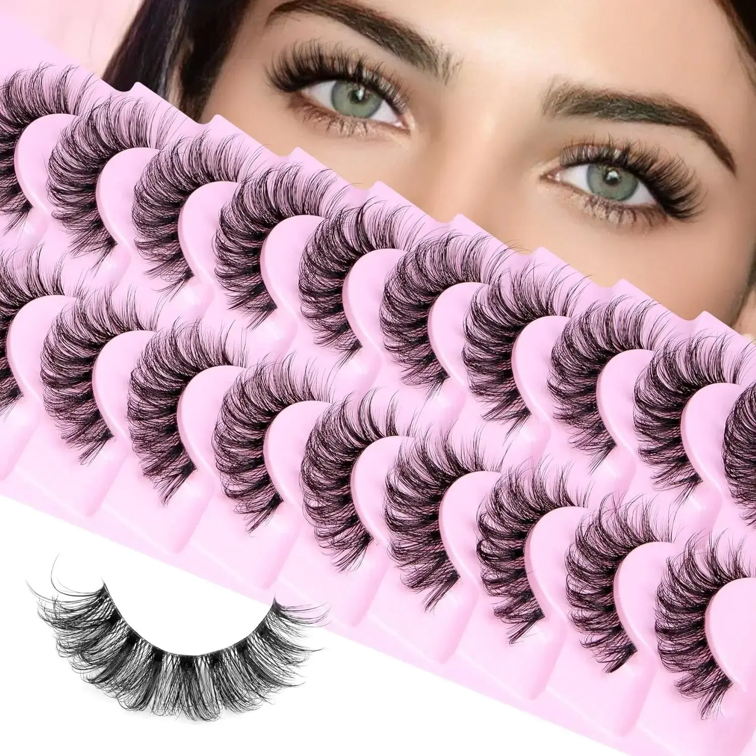 10 Paar natürliche, flauschige falsche Wimpern, dünne Wimpern, 3D-Volumenstreifen-Wimpern, D-Locken, gefälschte Wimpern mit klarem Band