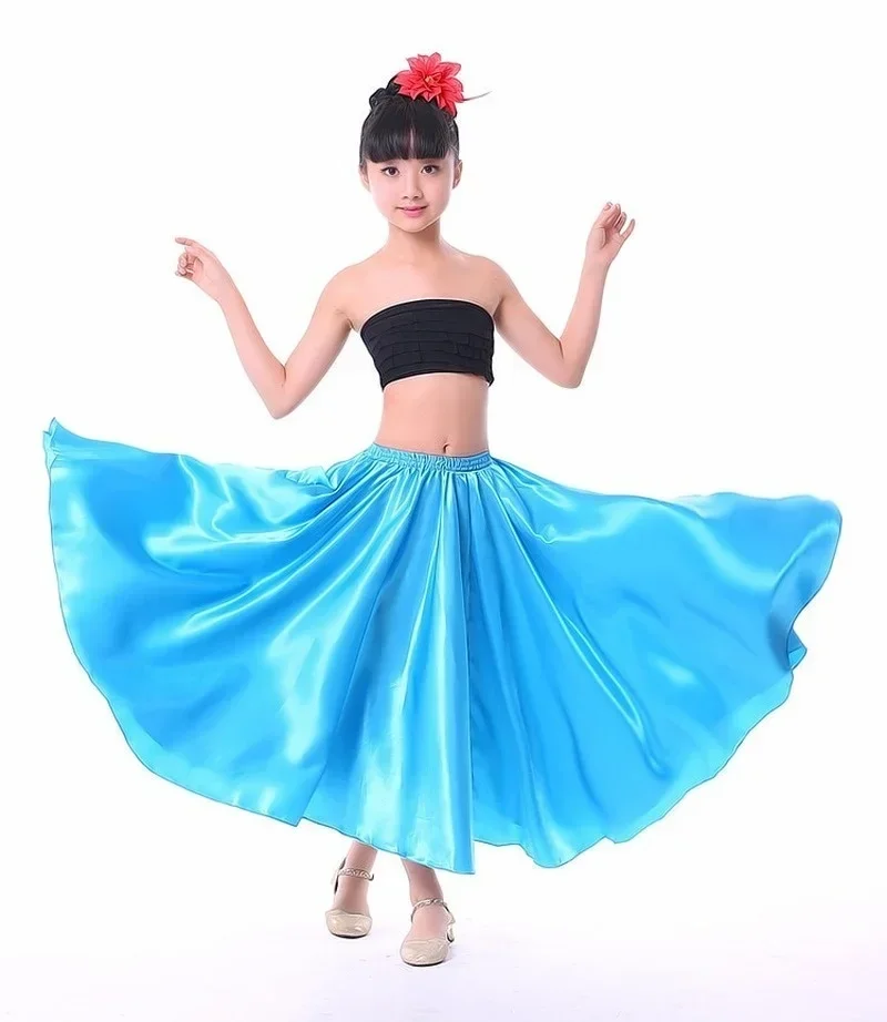 Children Girls Flamenco Skirt Ballroom Belly Dance Costumes Solid Polyester Satin Gypsy Flamenco Skirt Perforance Stage Wear2022