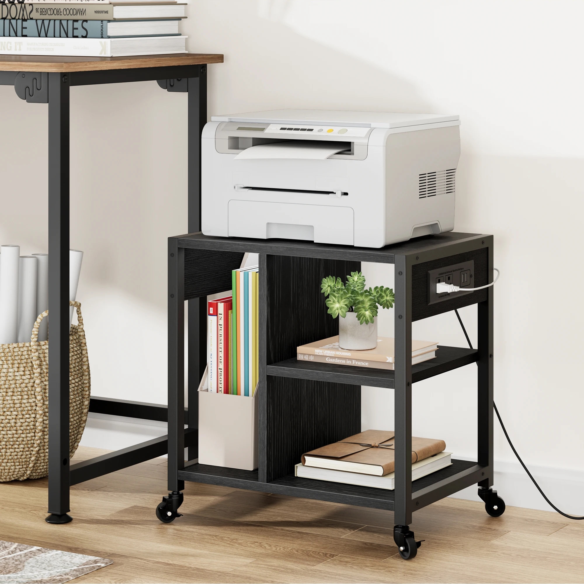 NONE 3-Tier Mobile Printer Stand with Power Outlets & USB Ports - Rolling Printer Cart with Lockable Wheels - Storage Shelf - Space-Saving Desktop Organizer Table for Office, Black