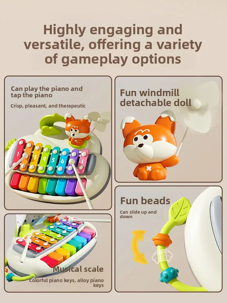 Pianoforte a percussione a otto toni Giocattolo per bambini Pianoforte educativo in legno Pianoforte a percussione a mano per bambini Strumento musicale 2 in 1