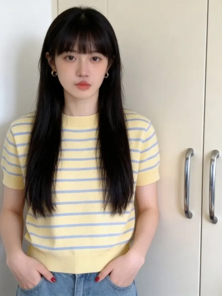 Dopamine Yellow Striped round Neck Knitted Short Sleeve T-Shirt Women's Style 2026 Spring Unique Attractive Top Korean Versio...