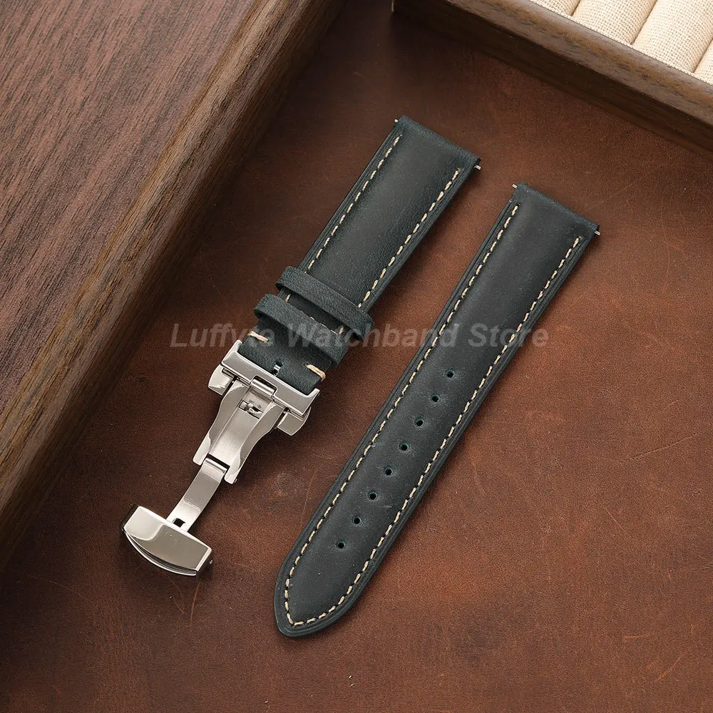 Crazy Horse Leather Watch Strap Quick Release Design Stainless Steel Butterfly Buckle 18/20/22mm Men's Watch Accessories image 4