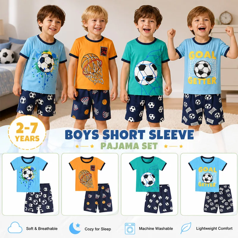 Little Hand Toddler Boys Sport Cotton Sleepwear Short Sleeve Two Piece Home Outfit Football Basketball Pattern for Age 2-7