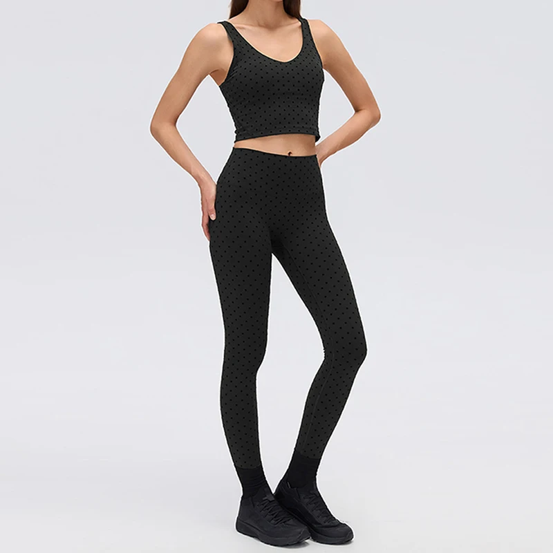Women Black Polka Dot U Back Cami High Waist Tummy Control Butt Lifting Leggings 2Pcs Yoga Workout Set