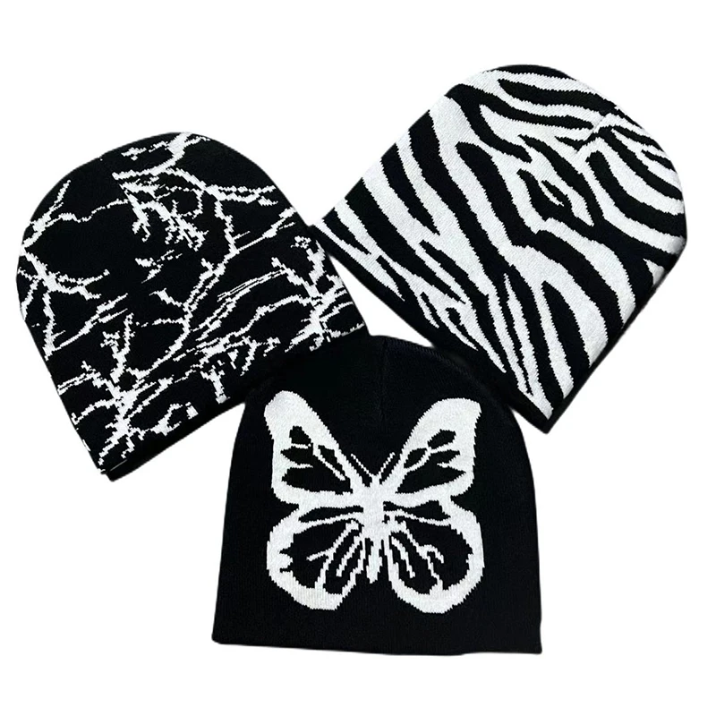 Customized logo Knitted Beanies Jacquard Black and White Butterfly Pattern Hat Men Women High Quality Cap Custom Logo Beanie Hat