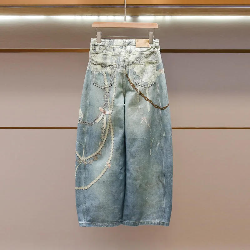 ANJY Spring Autumn Women High-End Korean Style Trend Design Digital Printed Distressed Jeans Stylish Straight Denim Pants A26422