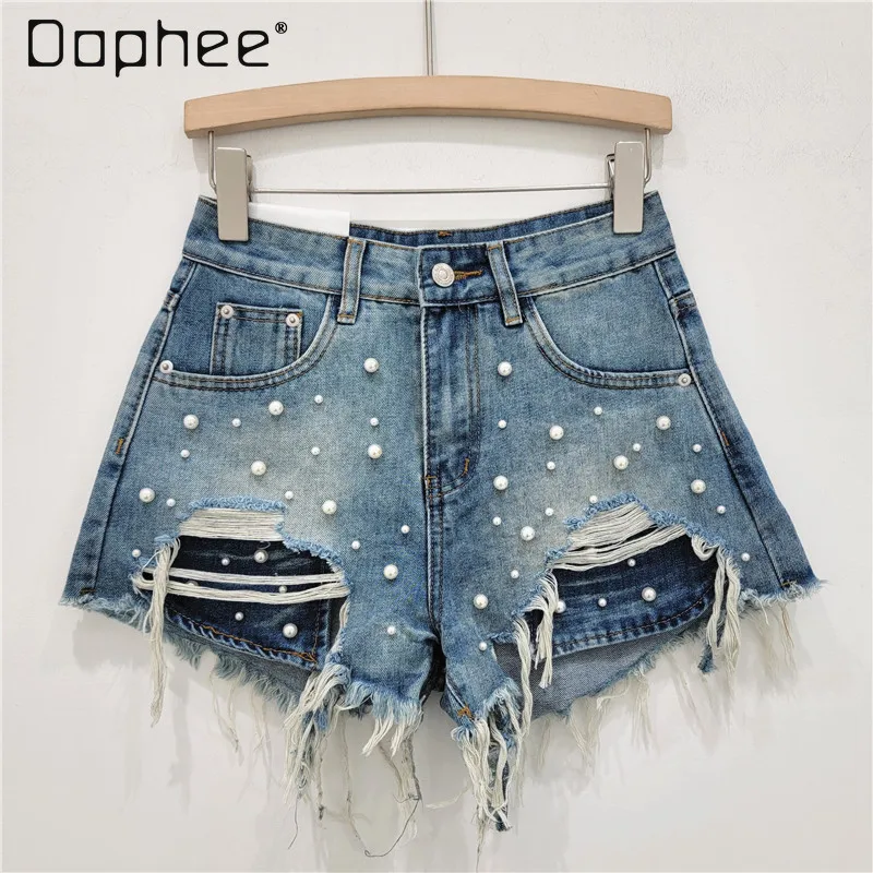 Heavy Industry Beads Ripped Denim A- Line Shorts Women 204 Summer High Waist Loose Slimming Frayed Hot Girl Wide-Leg Pants