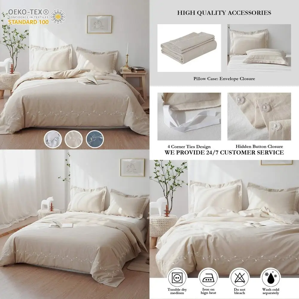 

Комплект пододеяльников из льна с вышивкой и листьев ивы, состоящий из 3 предметов, 55% лен, смесь хлопка 45%, размер King Size, роскошное дышащее постельное белье