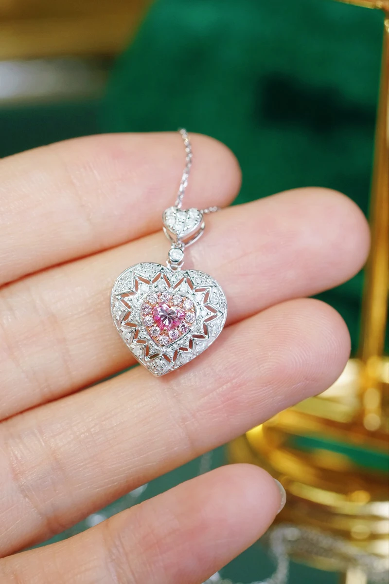KUGG 100% 18K White Gold Necklace Vintage Heart Shape Real Natural Pink Diamond Pendant Necklace for Women High Party Jewelry