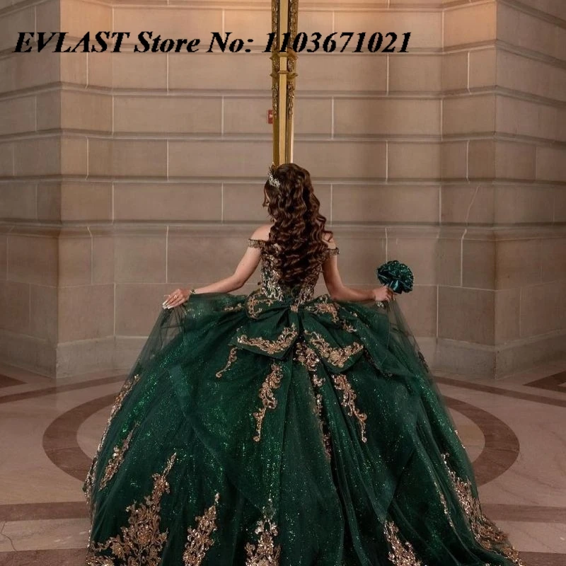 EVLAST Customized Emerald Green Quinceanera Dress Ball Gown Gold Lace Applique Beading Bow Sweet 16 Vestidos De XV 15 Anos SQ6