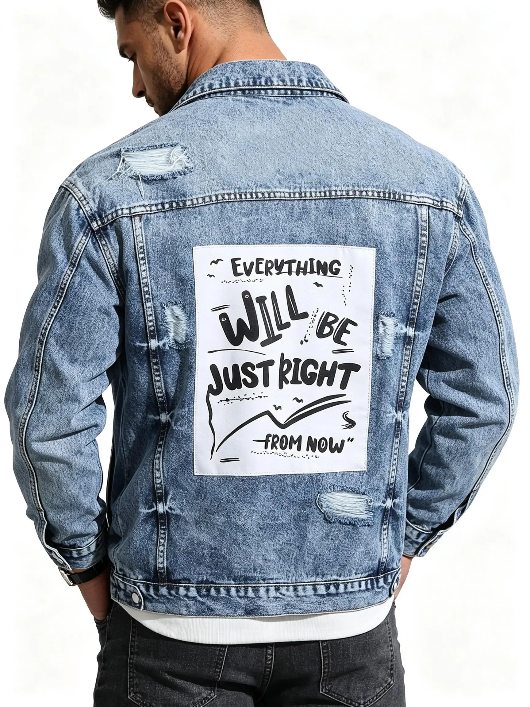 Y2K Letter Print Denim Jacket Men, Fashion American Streetwear, Daily Wear Gift For Husband