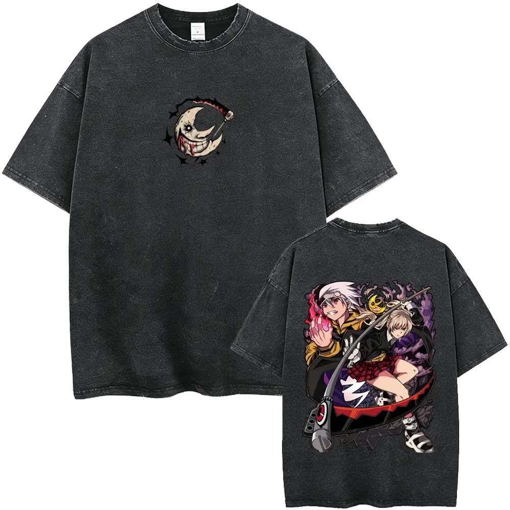Washed Vintage Anime Soul Eater Soul Evans Maka Albarn Graphic T-shirt Men's Retro Manga T Shirts Men Fashion Oversized T-shirts