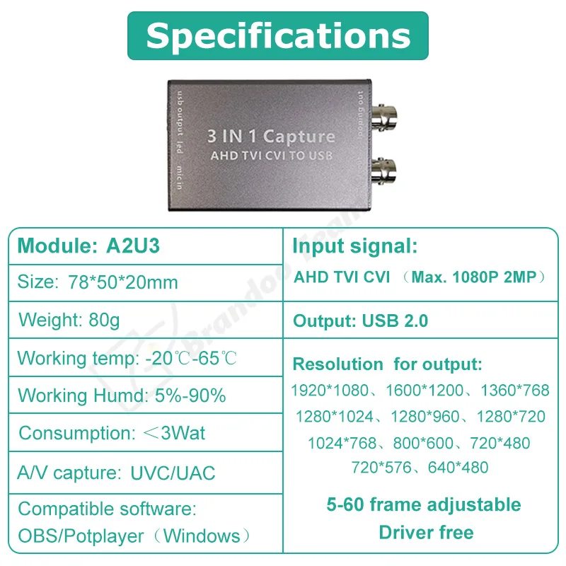 AHD to USB Video Capture Card with BNC Loop Out AHD TVI CVI Multiple Signals Video Grabber for CCTV DVR Surveillance