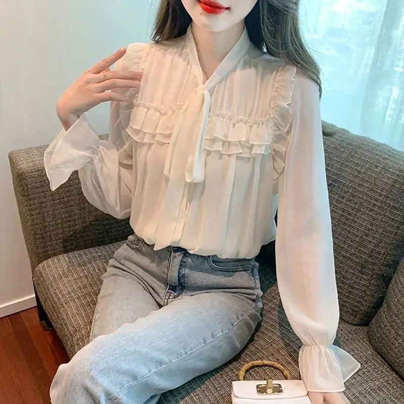 White Shirt Women\'s New Style Ribbon Chiffon Top Long Sleeved Butterfly Tie Tied French Style Small Shirt