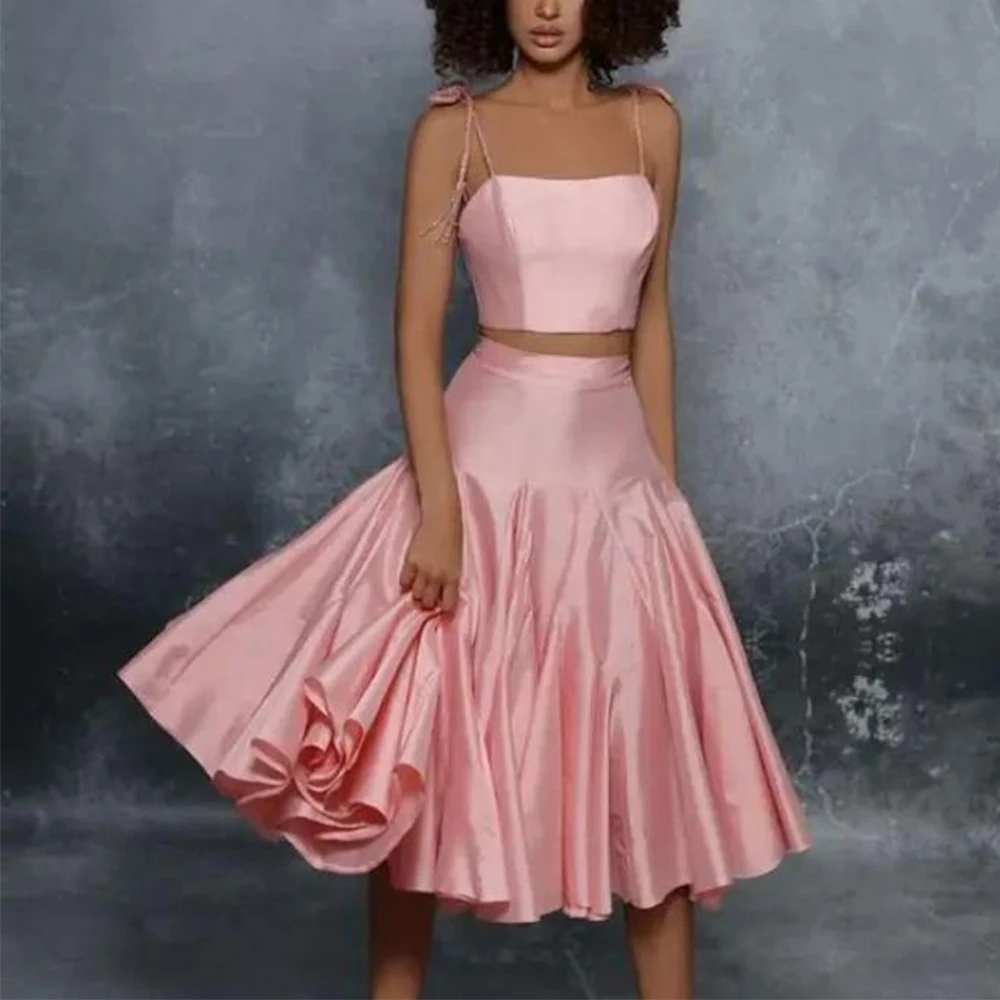 

Flechazo Pink Two Piece Evening Dress Spaghetti Straps Sleeveless A-Line Tea-Length Sexy Open Back with Zipper Prom Gowns