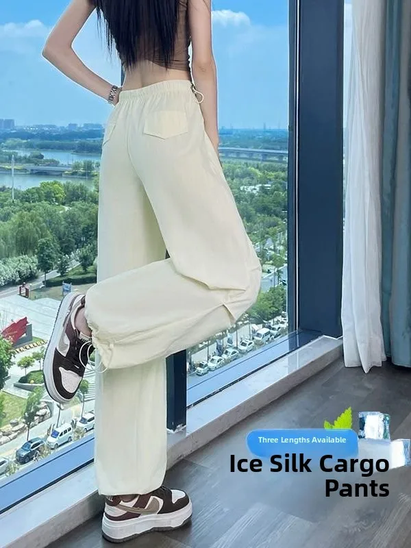 Summer 2026 New Style Thin Ice Silk Quick Dry Two-Way Work Pants Cuffed Wide Leg Slimming Casual Sports Women's Pants