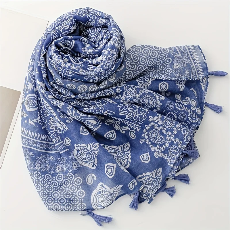 2024 Designer Brand Women Scarf Blue Paisley Print Lady Shawls Cotton Feeling Soft Oversize Hijabs Neck Headband Tassel Foulard