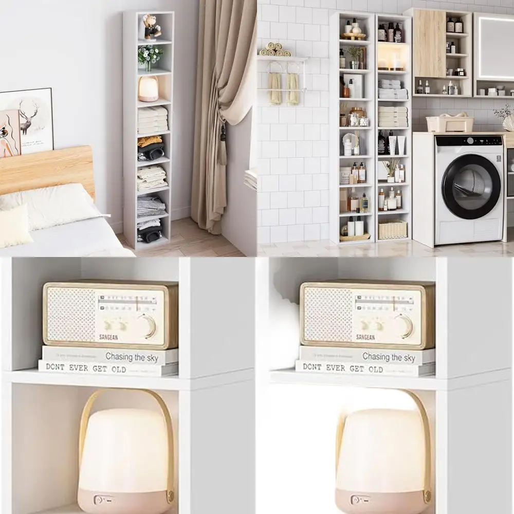 

White 71 Skinny 8-Tier Media Tower Rack with Adjustable Shelves, Corner Bookcase for Compact Spaces