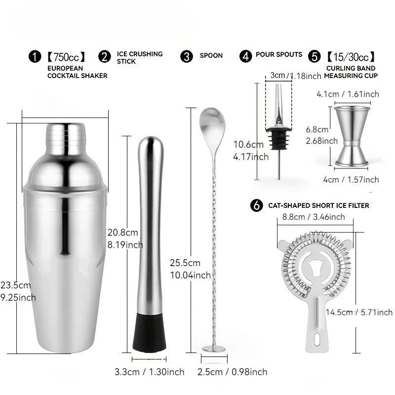 Stainless Steel Cocktail Shaker Set with 750ml Mixing Glass, Strainer, Muddler, Mixing Spoon, Pour Spout, for Home Bar