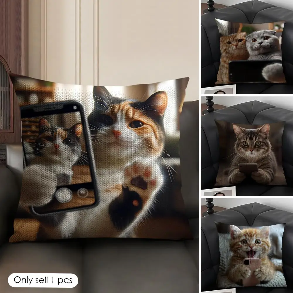 Cute Cat Playing Phone Cushion Cover Natural Linen Organic Fabric Double-Sided Printing Sofa Home Decor Gift Pillow Case